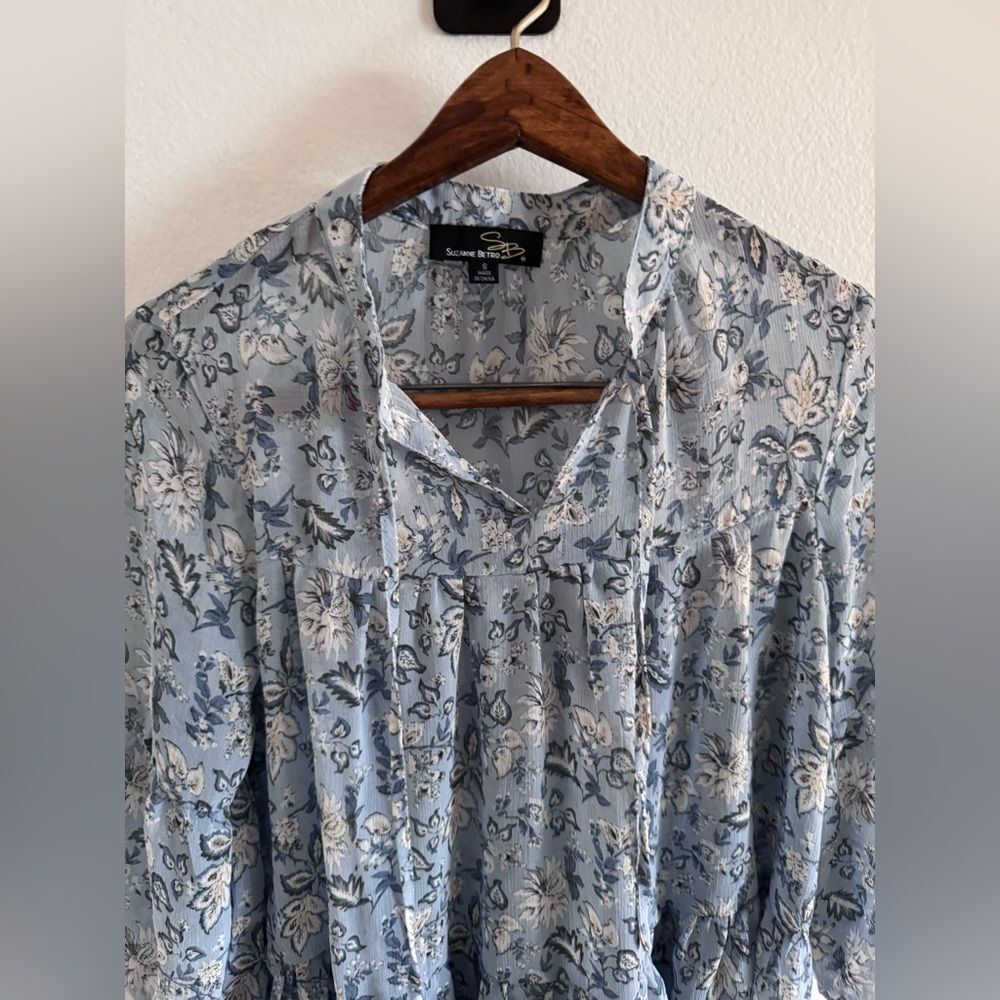Suzanne Betro Size Small Boho Babydoll Tunic Top Blouse Blue Sheer Floral - Picture 3 of 7